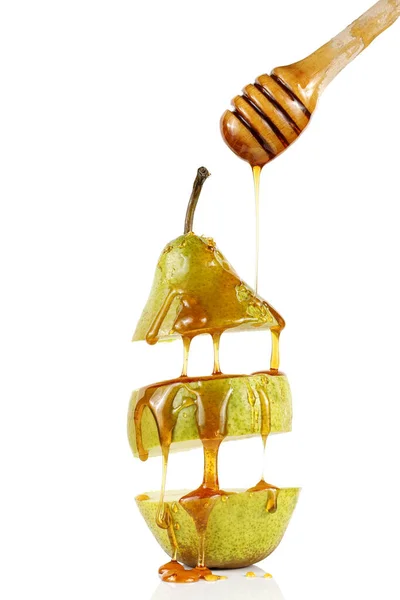 Αχλάδι Μέλι Λευκό Απομονωμένο Πεντανόστιμο Επιδόρπιο Φρούτων Μέλι Ρέει Στο — Φωτογραφία Αρχείου
