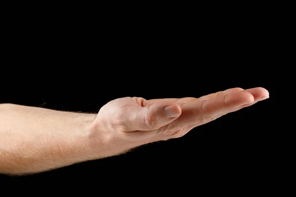 Ręka Otwarta Dłoń Czarnym Izolacie Biały Mężczyzna Ręka — Zdjęcie stockowe