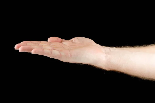 Hand Und Offene Handfläche Auf Schwarzem Isolat Kaukasische Männerhand — Stockfoto