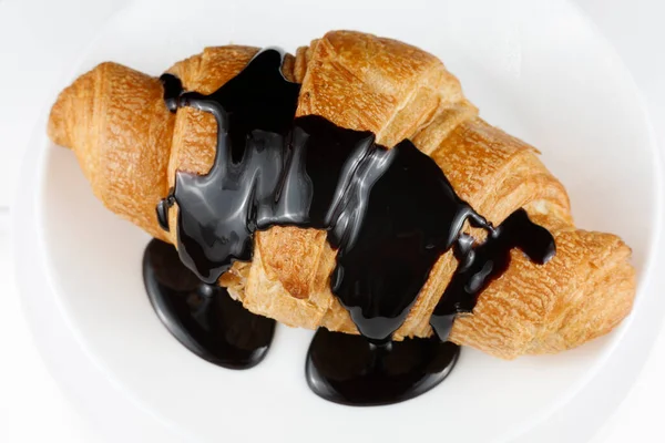 Chocolate Poured Croissant Close Chocolate Croissant Plate — Stock Photo, Image