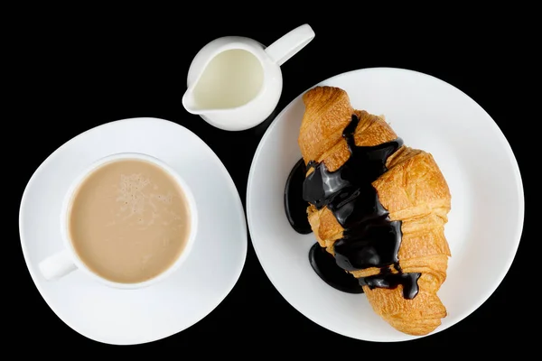 Croissant Cappuccino Tradycyjne Słodkie Śniadanie — Zdjęcie stockowe