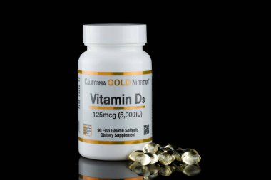 LVIV, UKRAINE - February 06, 2023: Vitamin D3. California gold nutrition gelatin capsules