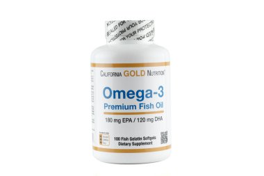 LVIV, UKRAINE - February 06, 2023: Omega-3 fish oil. California gold nutrition.