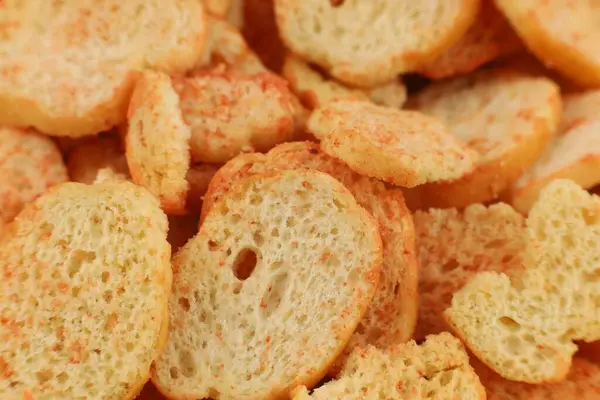 Bröd Croutons Snacks Med Kryddor Närbild — Stockfoto