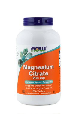LVIV, UKRAINE - 29 Haziran 2023: Now Foods, Magnezyum Sitrat, 200 mg, 250 Tablet