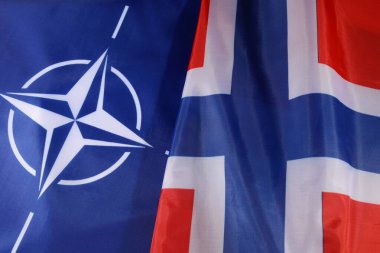 LVIV, UKRAINE - 03 Eylül 2024: NATO ve Norveç bayrakları, savunma ve güvenlik girişimlerine odaklı uluslararası bir zirvede işbirliği ve ortaklığı simgeleyen, belirgin bir şekilde sergilenmektedir.