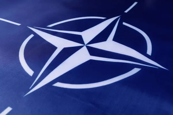 stock image LVIV, UKRAINE - September 03, 2024: The emblem of NATO is prominently featured on a blue background, representing the alliance during a formal gathering of member nations focused on security and cooperation.