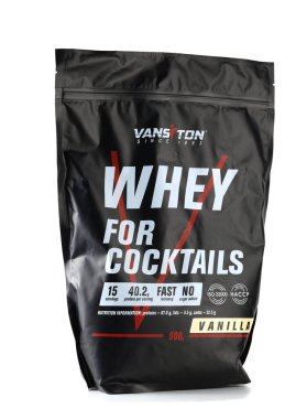 LVIV, UKRAINE - January 13, 2025: This product showcases a packaged whey protein powder designed for cocktails, highlighting its vanilla flavor and nutritional benefits. clipart