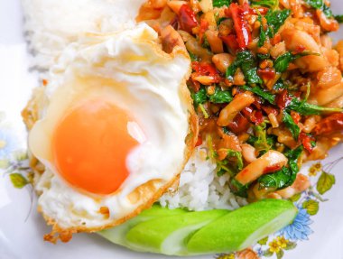 Fried Basil with Chicken and Fried Egg 'in kapanışı, Non stüdyo sokak yemeği fotoğrafçılığı konsepti.