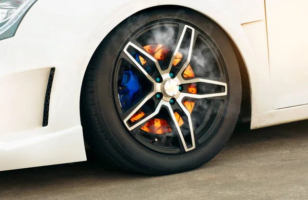 Close Shot Burning Disc Brake Wheel Sports Car — Stock Photo, Image