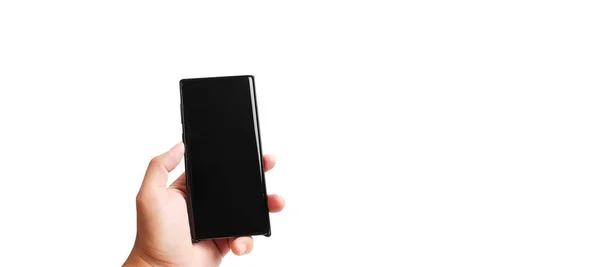 Ele Tutuşan Siyah Cep Telefonu Beyaz Arkaplanda Boş Siyah Ekran — Stok fotoğraf