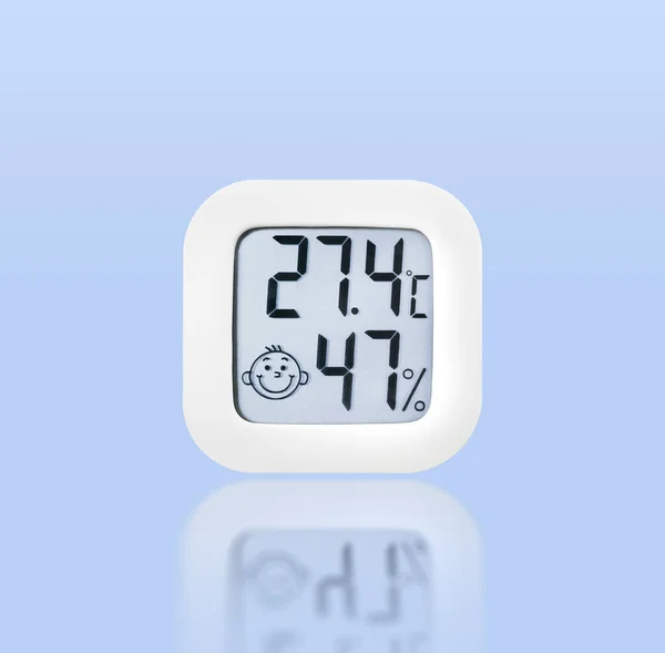 Thermometer Vochtigheidsinstrument Geïsoleerd Blauwe Achtergrond Met Reflectie Inclusief Knippad — Stockfoto