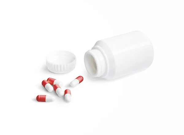 Prášky Kapsle Červenou Bílou Vylití Lahvičky Pilulky Bílém Pozadí Léky — Stock fotografie
