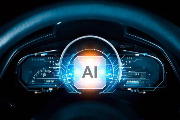 用人工智能接口关闭汽车方向盘 人工智能概念 人工智能技术的未来汽车仪表盘创新 — 图库照片