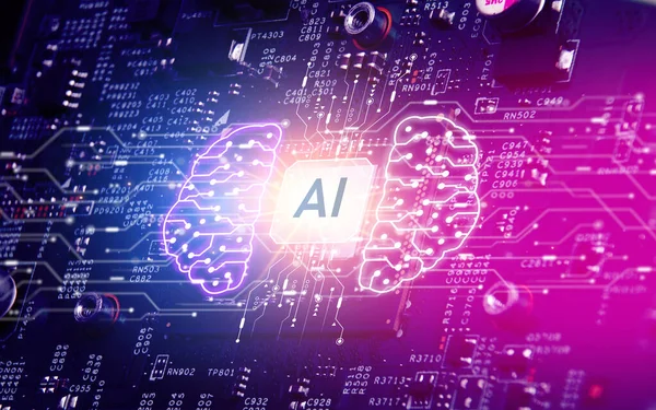 Yapay zeka konsepti, yapay zeka işlemcisine yakın, yapay zeka arayüzü elektronik bilgisayar arka planında parlayan, gelecekteki yenilikçi teknolojiler..