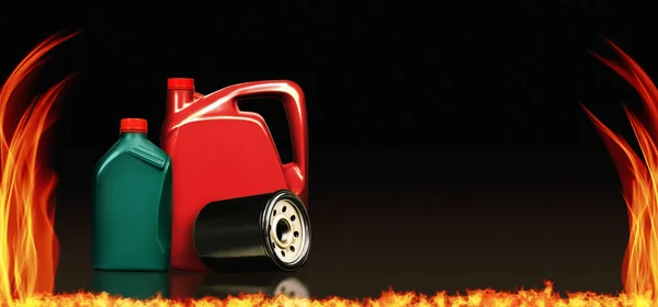 コピースペース 自動車メンテナンスサービスの概念と黒の背景に油フィルターと火を持つモータオイルキャニスター 3Dイラスト — ストック写真