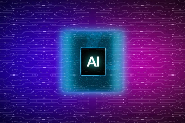 人工智能概念 微处理器在电子线路图背景下发光的闭合 未来主义创新技术 3D插图 — 图库照片