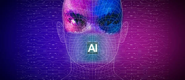 Ai人工知能の概念 暗い背景に電子回路とロボットの顔インターフェイスとマイクロプロセッサの閉じる 未来的な革新的な技術 3Dレンダリング — ストック写真