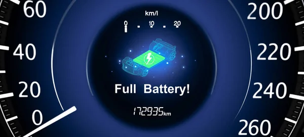 Plné Bateriové Výstražné Světlo Přístrojovém Panelu Tachometru Elektromobilu Koncept Technologie — Stock fotografie
