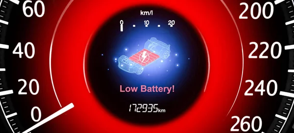Ev電気自動車 電気自動車技術の概念の速度計計器パネル上の低バッテリ警告灯 3Dイラスト — ストック写真