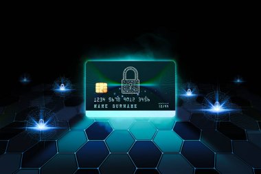 Siber güvenlik kavramı. Altıgen arka planda asma kilitli kredi kartı, 3 boyutlu illüstrasyon.