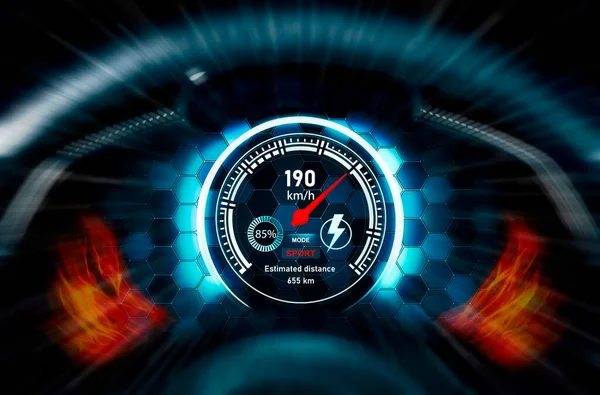 Digitální Rychloměr Elektromobilu Indikuje Vysokou Rychlost Vozidla Tmavém Pozadí Světelnými — Stock fotografie
