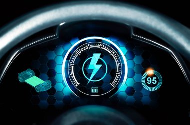 Akü şarj ışığı EV elektrikli araç paneli, EV araba teknolojisi konsepti.