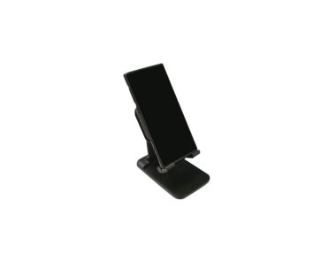 Siyah akıllı telefonlu telefon standı beyaz arka planda, kırpma yolu ile izole edilmiş. Siyah ekranlı siyah akıllı telefon.