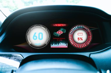 EV elektrikli araç panelinde düşük pil uyarı ışığı, elektrikli araba teknolojisi kavramı