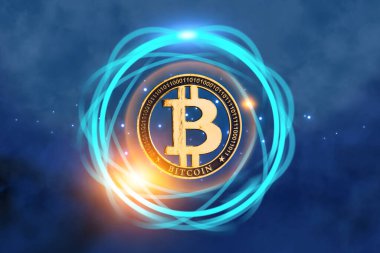 Parlak efektlerle çevrili Bitcoin veya bitcoin sembolü, Kripto para birimi teknolojisi kavramı