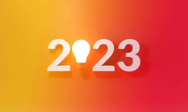 Nyår 2023 Med Glödlampa Gradient Gul Orange Bakgrund Kreativitet Inspiration — Stockfoto