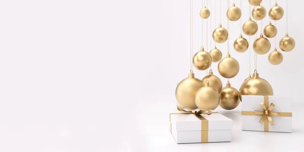 Aufgehängte Goldene Weihnachtskugel Und Geschenkboxen Auf Weißem Panorama Hintergrund Rendering — Stockfoto
