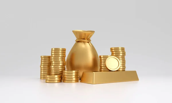 Sacchetto Denaro Oro Pila Monete Sfondo Bianco Isolato Concetto Risparmio — Foto Stock