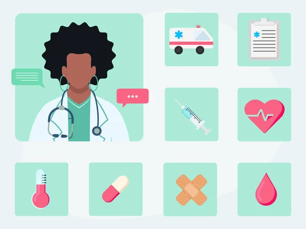 Μαύρη Γυναίκα Γιατρός Και Μια Σειρά Από Εικόνες Υγείας Εικονογράφηση — Διανυσματικό Αρχείο