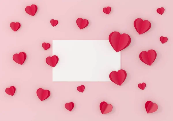 Cartão Com Corações Cheios Papel Sobre Fundo Rosa Conceito Dia — Fotografia de Stock
