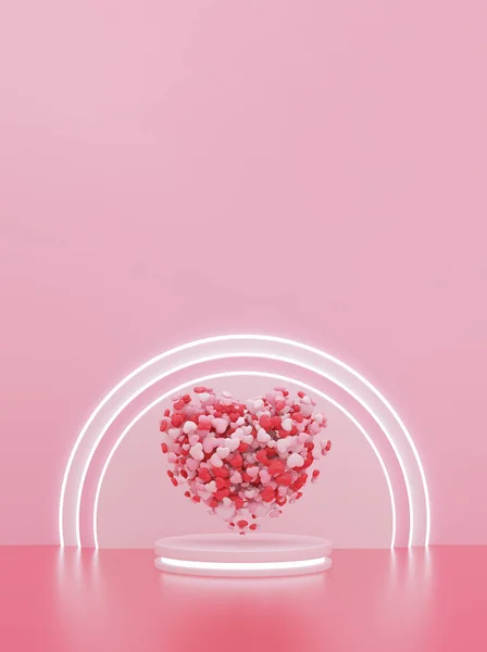Легкий Неоновий Серце Зроблене Сердечками Продукту Відображення Подіумному Рожевому Фоні — стокове фото