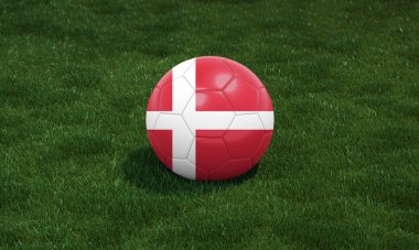 Yeşil çimlerin üzerinde Danimarka bayrağı renginde bir stadyumda futbol topu. 3B illüstrasyon.