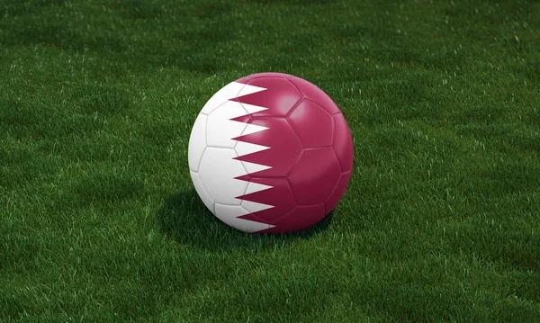 Bola Futebol Com Cores Bandeira Qatar Estádio Gramíneas Verdes Fundo — Fotografia de Stock