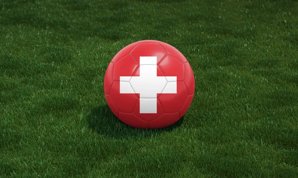 緑の草の背景にスタジアムでスイスの国旗の色を持つサッカーボール 3Dイラスト — ストック写真