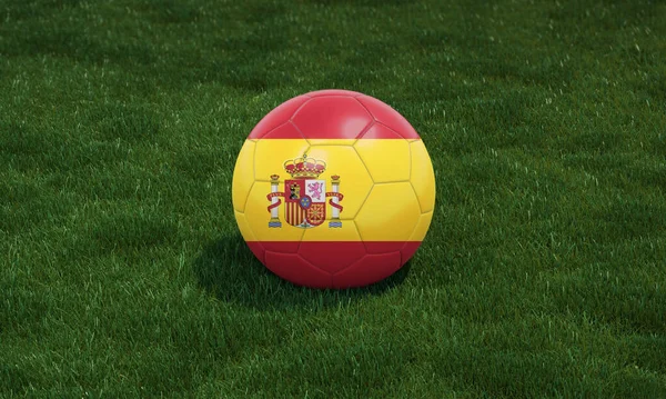 西班牙国旗色彩斑斓的足球在绿草背景的体育场举行 3D插图 — 图库照片