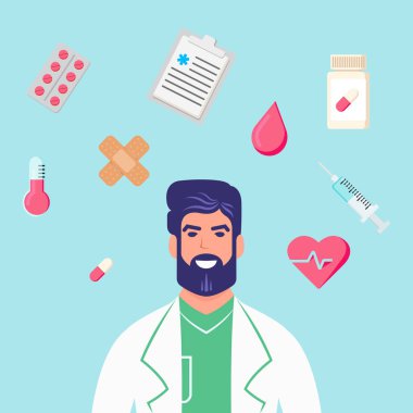 Etrafında ilaç ikonları olan sakallı hemşire ya da doktor. Vektör illüstrasyonu.