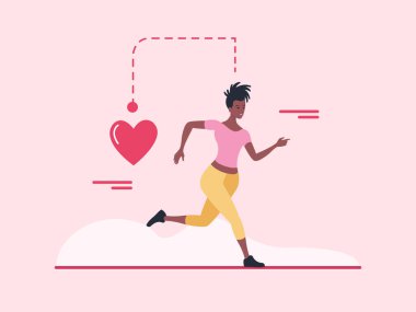 Siyah kadın kalp ikonu ve egzersiz verileriyle koşuyor ve kardiyo yapıyor. Vektör illüstrasyonu.
