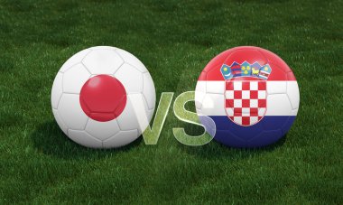 Japonya ile futbol, Hırvatistan 'a karşı yeşil futbol sahasında 3D futbol bayrakları. 3B illüstrasyon.
