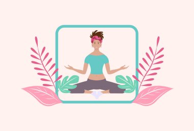 Kadın yoga, meditasyon, egzersiz yapıyor. Lotus pozisyonunda yerde otururken. Vektör illüstrasyonu.