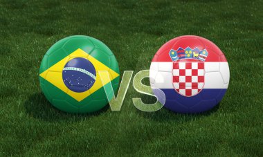 Brezilya 'lı futbol, Hırvatistan' a karşı yeşil futbol sahasında 3D futbol bayrakları. 3B illüstrasyon.