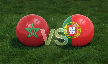 Fas 'lı futbol, yeşil futbol sahasında 3 boyutlu Portekiz bayraklarına karşı. 3B illüstrasyon.
