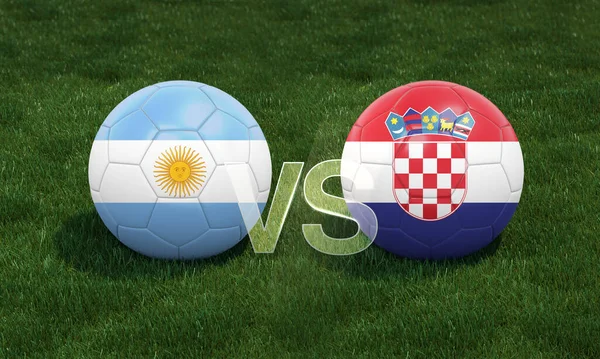 Football with Argentina vs. Croatia 3D ball soccer flags on green football field. 3D illustration.