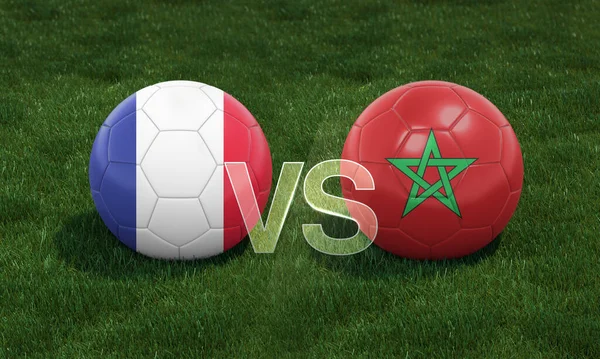 Football with France vs. Morocco 3D ball soccer flags on green football field. 3D illustration.