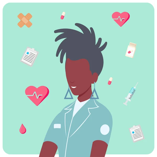 Enfermera Negra Médico Con Medicamentos Alrededor Píldora Jeringa Sangre Pastillas — Vector de stock