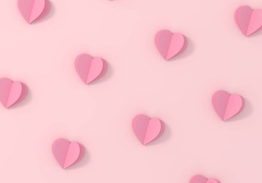 Pembe arka planda kesilmiş kalp kağıdı deseni. Sevgililer günü ya da kadınlar günü için kağıt kesimi süslemeleri. 3B Görüntü.